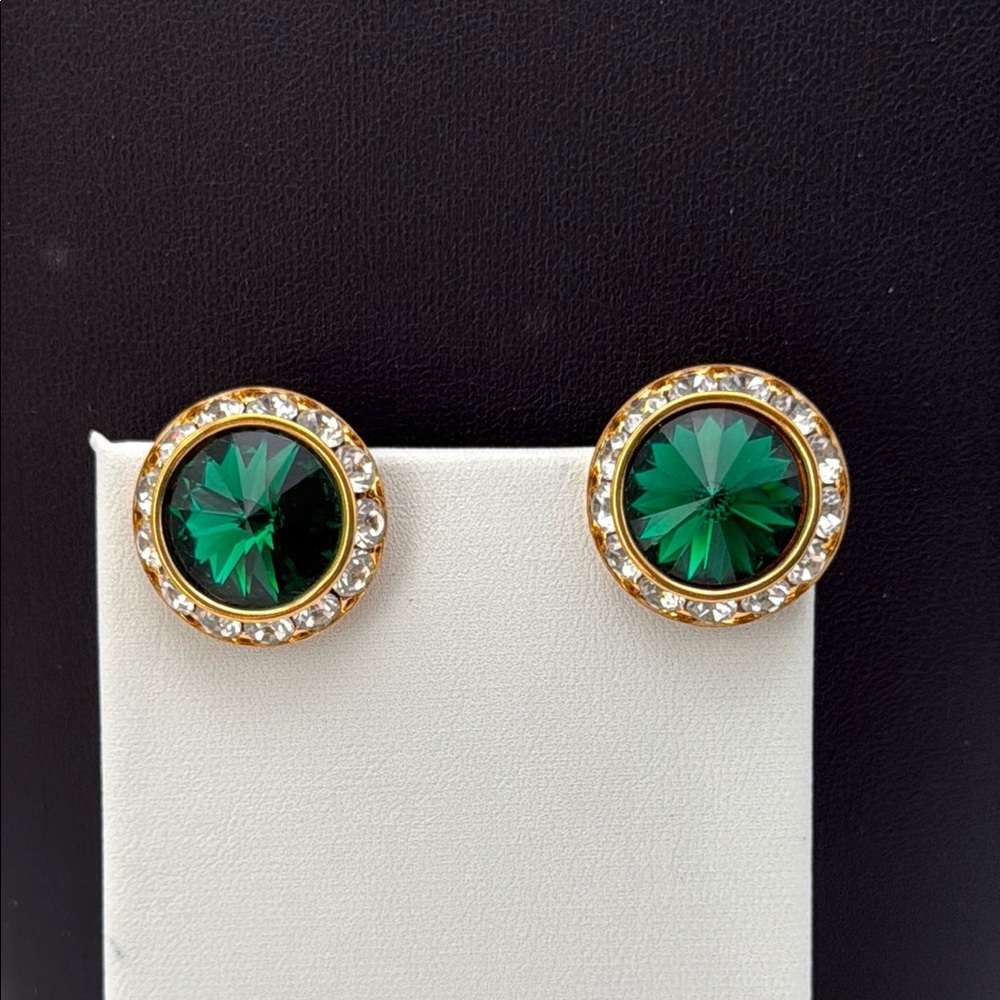 Round large green emerald-like “gemstone”rhinestone” pierced statement earring